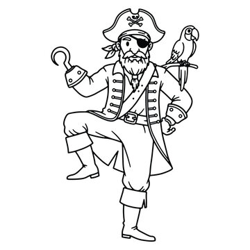 recommend clip art: Cartoon illustration of a pirate with a hook hand and a parrot on his shoulder