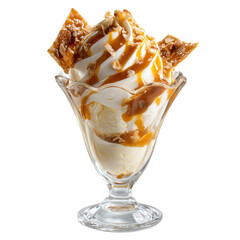 Vanilla ice cream sundae with caramel sauce and nut brittle in a glass