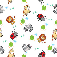 Obraz premium Cute wild animals seamless pattern for baby shower decor, nursery print, kindergarteen wallpaper, fabric, and textile. Vector illustration