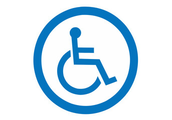 Blue handicap symbol in a circle indicating accessibility and assistance for disabled individuals here