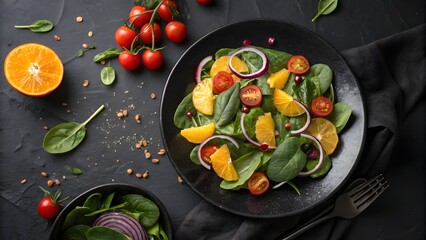 Fresh spinach salad with orange slices cherry tomatoes and red onion on a dark background