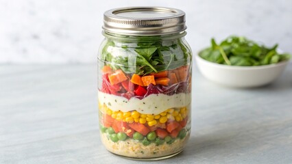 Layered salad in a mason jar showcases vibrant ingredients perfect for a fresh meal on a sunny day
