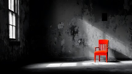 Single vibrant red chair positioned in center of clean grayscale interior, modern art composition with strong visual contrast and negative space ideal for designers
