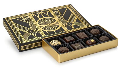 Opulent art deco style chocolate box showcasing gourmet sweets and intricate design elements for an elegant presentation