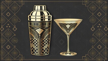 Elegant art deco cocktail shaker and glass set against a geometric pattern background showcasing sophistication in design and style
