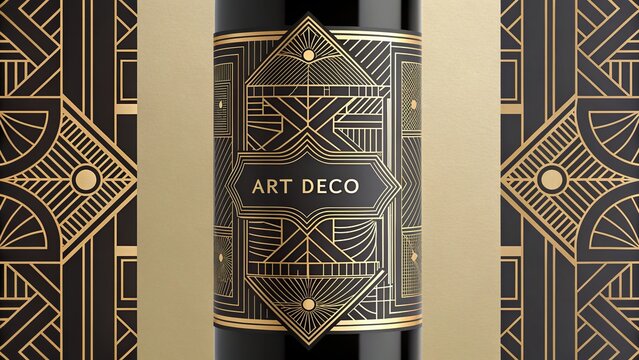Elegant art deco design showcasing intricate geometric patterns on a stylish wine bottle label
