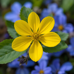 Close up of beautiful yellow spring celandine flower isolated against green leaves and blue flower background