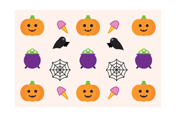 Cute Halloween pattern with pumpkins cauldrons bats spiders candy jackolantern