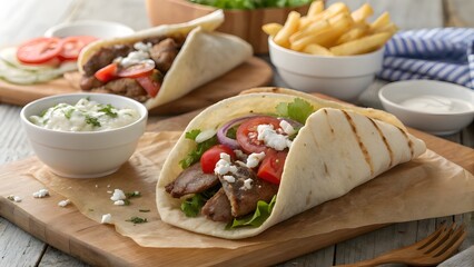 Delicious gyros with feta cheese tomatoes onions and tzatziki sauce served with french fries