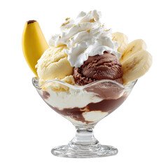 A banana split sundae with vanilla and chocolate ice cream scoops whipped cream and sliced bananas