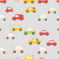 Cars seamless background. Child vector illustration of road traffic. Pattern for kid fabric and paper.