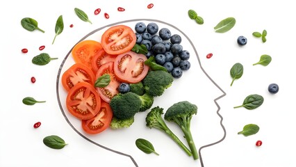 Healthy brain food concept with fresh vegetables and berries arranged in a human head outline