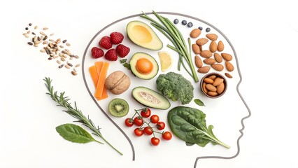 Healthy brain food concept with outline of human head filled with nutritious ingredients
