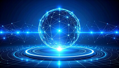 A glowing, digital globe on a circular platform.  Abstract, futuristic, network-like design