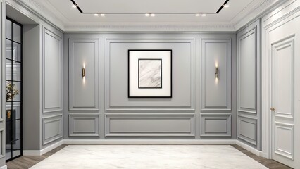 Fototapeta premium Modern interior with soft grey wall and central square black-framed blank artwork, lit subtly for minimalist focus.