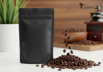 Black coffee bag with falling beans and grinder