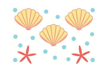 Three yellow scallop shells with pink outlines two red starfish surrounded by blue dots
