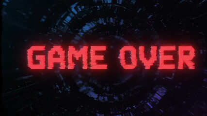 Pixelated GAME OVER in red surrounded by abstract geometric shapes on a dark background - Powered by Adobe