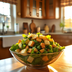 Freshly Tossed Salad with Croutons Illuminated by Golden Sunlight in Home Kitchen