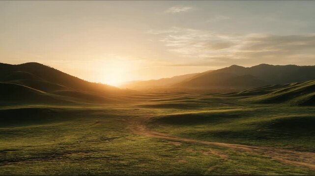 Serene landscape at sunset with rolling hills and grassy fields  