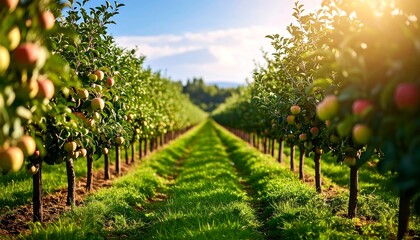 Sunlight-drenched apple orchard, rows of trees