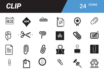 Clip Icon Set: A concise collection of 24 meticulously crafted icons, each representing essential office and stationary items, designed for versatility and clarity.