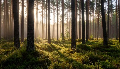 Sunlit pine forest at dawn, mist clinging low, light shafts illuminate the scene