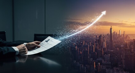 Confidently review resume for career growth success, visualizing upward market trends over city skyline
