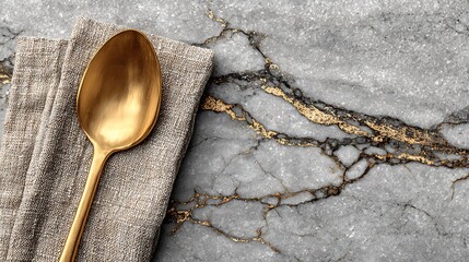 Top view of golden spoon resting on textured napkin placed on cracked marble background, elegant minimal tableware layout with luxury feel and blank left space