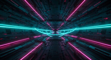 Futuristic Tunnel with Teal and Pink Neon Lights Perspective