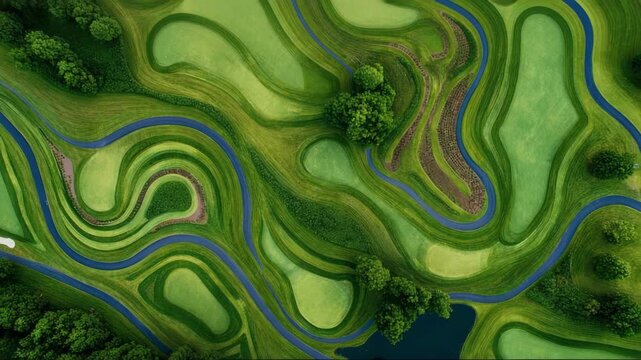 Aerial view of winding green golf course with patches of trees  