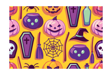 A flat illustrative art style halloween pattern with pumpkins cauldrons witches hats