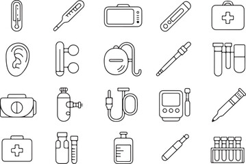 Clean medical icon set featuring a heartbeat and stethoscope silhouette