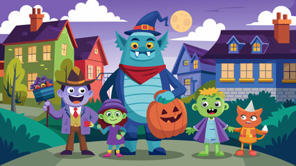 Halloween night scene with costumed characters and houses under a full moon in a neighborhood