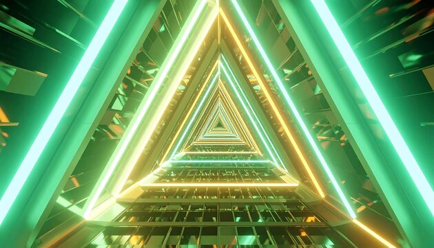 Futuristic triangular tunnel with vibrant neon lights