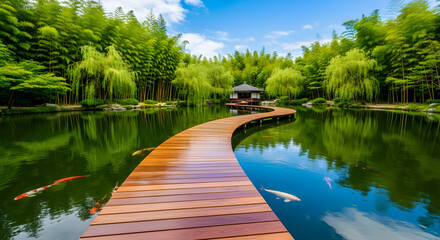 Obraz premium Wooden boardwalk curves across pond to traditional pavilion