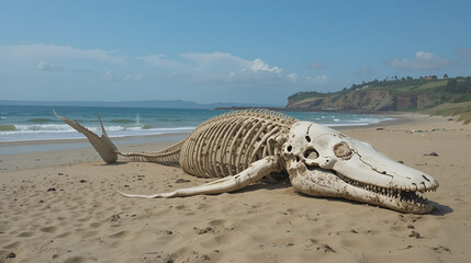 Whale Skeleton Remains Resting on Sandy Beach Along the Coastline