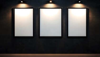 Three Blank Vertical Frames on Dark Wall with Spotlight Illumination for Gallery or Display