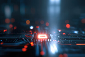 Abstract blue technology background with bokeh lights and digital network patterns, representing connectivity, innovation and modern technological advancement in business