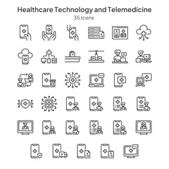 healthcare technology and telemedicine icons collection