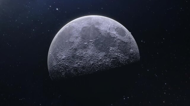  3D animation of full Moon rising with stars in background