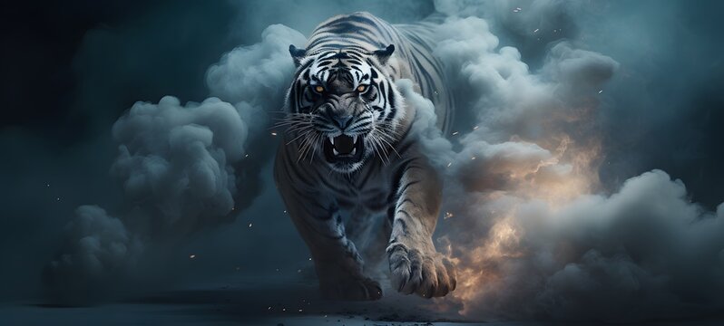 a light tiger , coming out of the smoke, generative AI