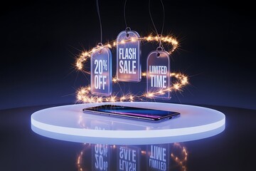 Grab amazing deals now 20% off flash sale limited time offer with glowing sparklers and modern smartphone on display