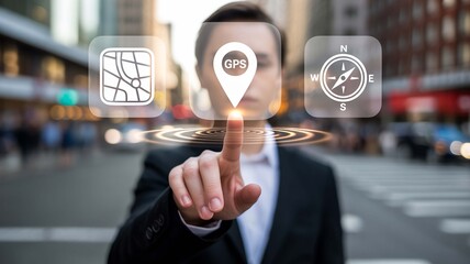 Business Technology Man Navigating Digital Future With GPS Maps Compass Icons Urban Scene on transparent background
