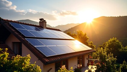 Home with solar panels on a roof at sunset