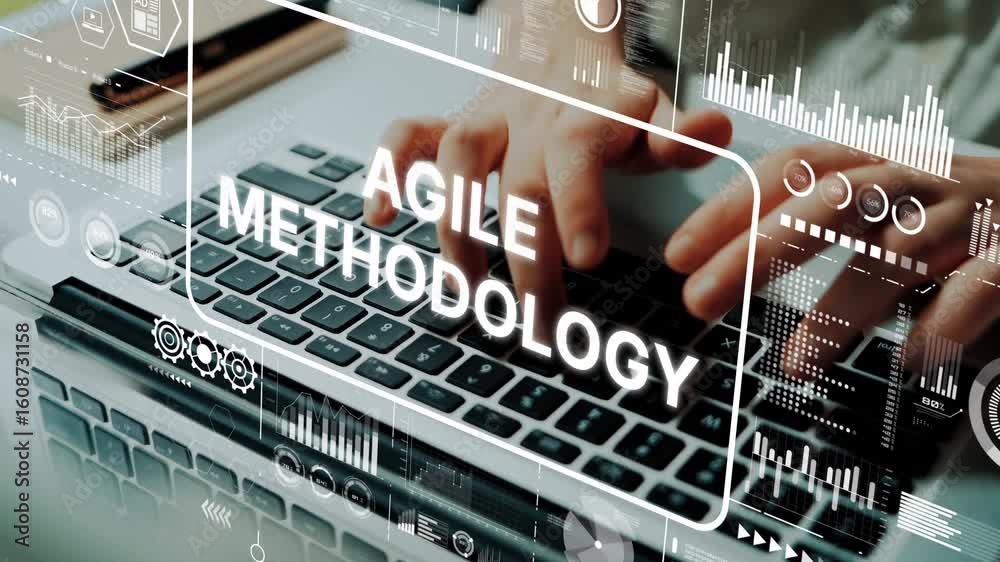 Poster hands typing on laptop with agile methodology graphics and digital interface elements for project ma