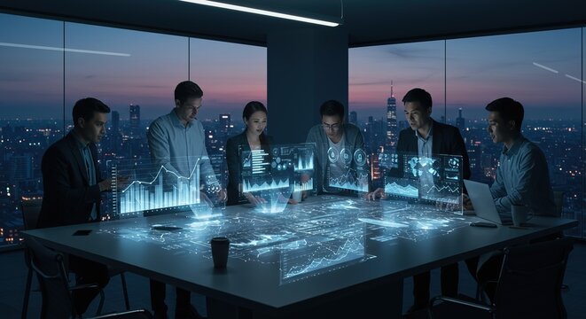Diverse team collaborates on futuristic holographic data displays in a modern boardroom overlooking cityscape at dusk