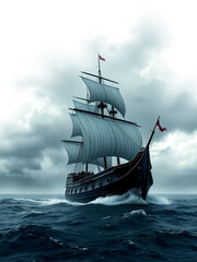 Ghosty flying dutchman ship and stormy sky isolated with white highlights, png