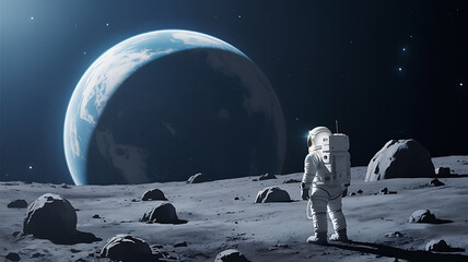 Astronaut on Lunar Surface Gazing at Earth Blue Planet Space Exploration Dark Gray Rocks