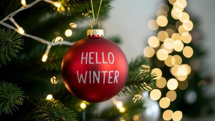 Red holiday ornament with hello winter text rotating on christmas tree branch with blinking lights, seasonal footage. - Powered by Adobe